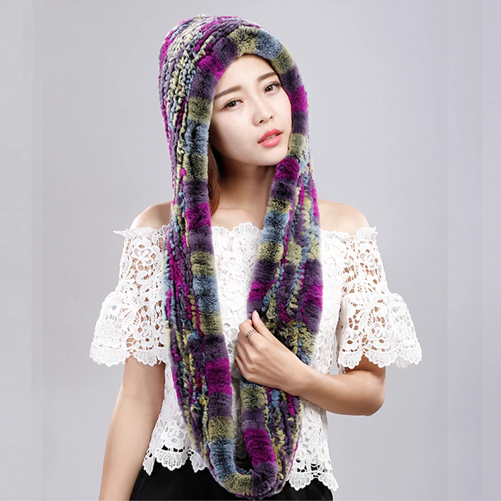 Женский вязаный шарф с капюшоном зимний теплый из натурального кроличьего меха