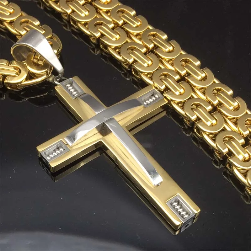Gold silver tone Модное мужское золотое/серебряное ожерелье из нержавеющей стали с кулоном в виде креста с 24 дюймовым византийским кулоном - Окраска металла: Gold silver tone