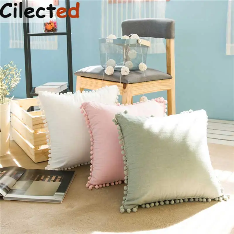 Cilected 45*45 см однотонный чехол для подушки с помпоном белый/розовый/зеленый хлопок Декоративная спальная Подушка Чехол для дивана 1 шт