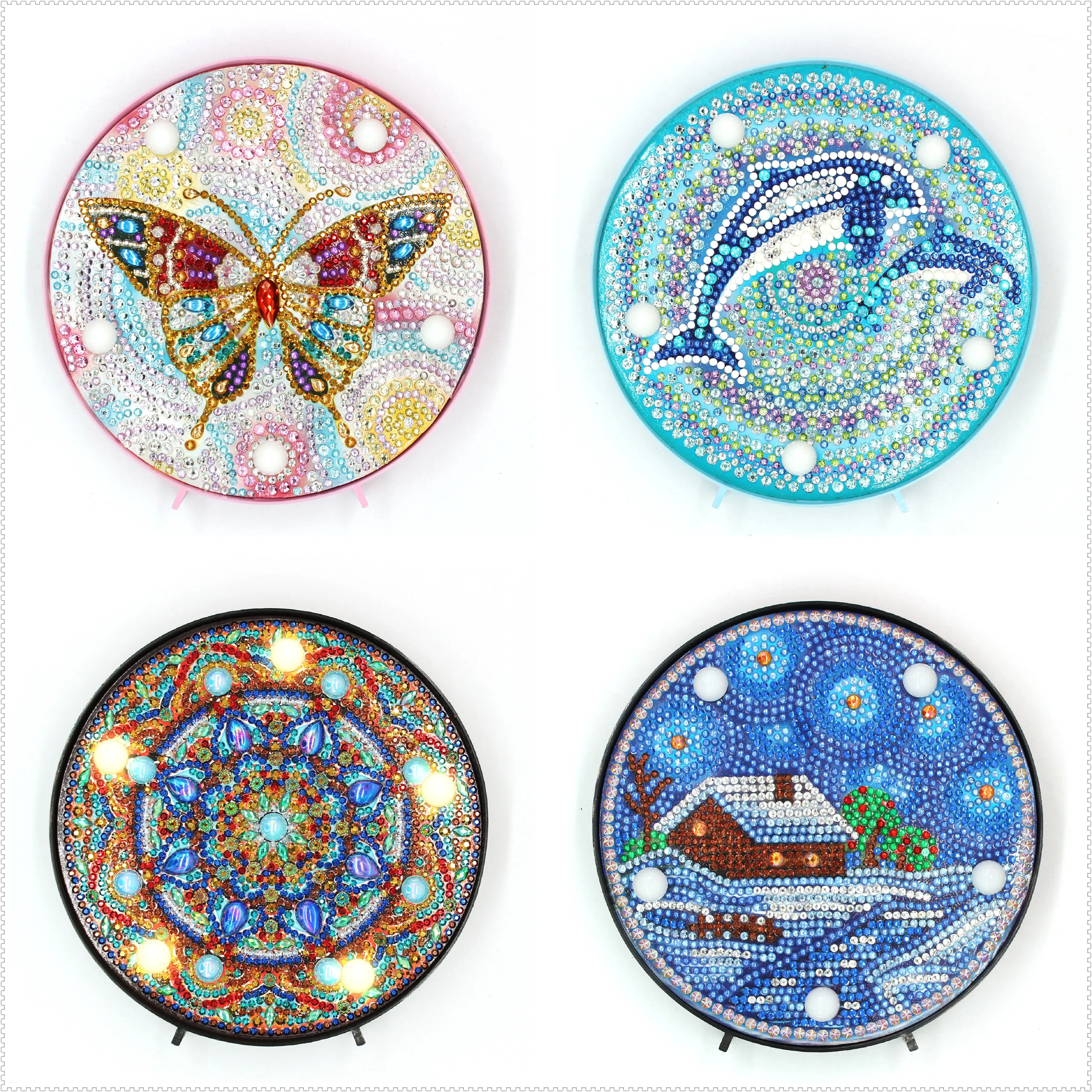 

Shirliben Hot Sale Round Circle Animal Mandala Landscape Diy Diamond Painting Led Light Lamp On The Table Round Shinny Beads