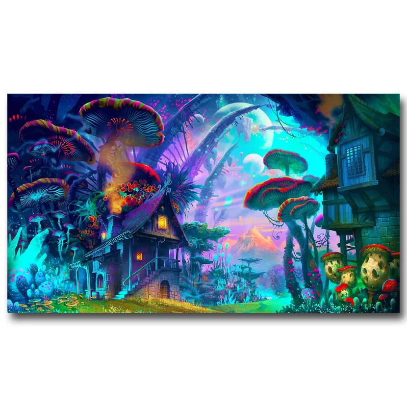 Грибы дом психоделический трип Книги по искусству шелк Холст печати плакатов 13x24