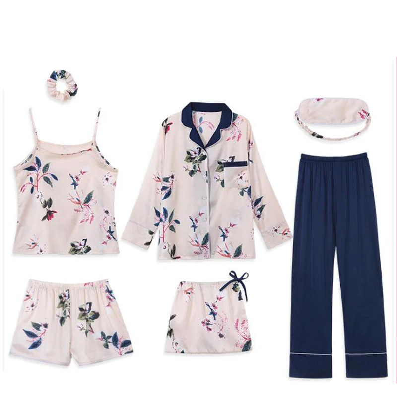 Пижамный комплект из 7 предметов для сна пикантная шелковая атласная одежда