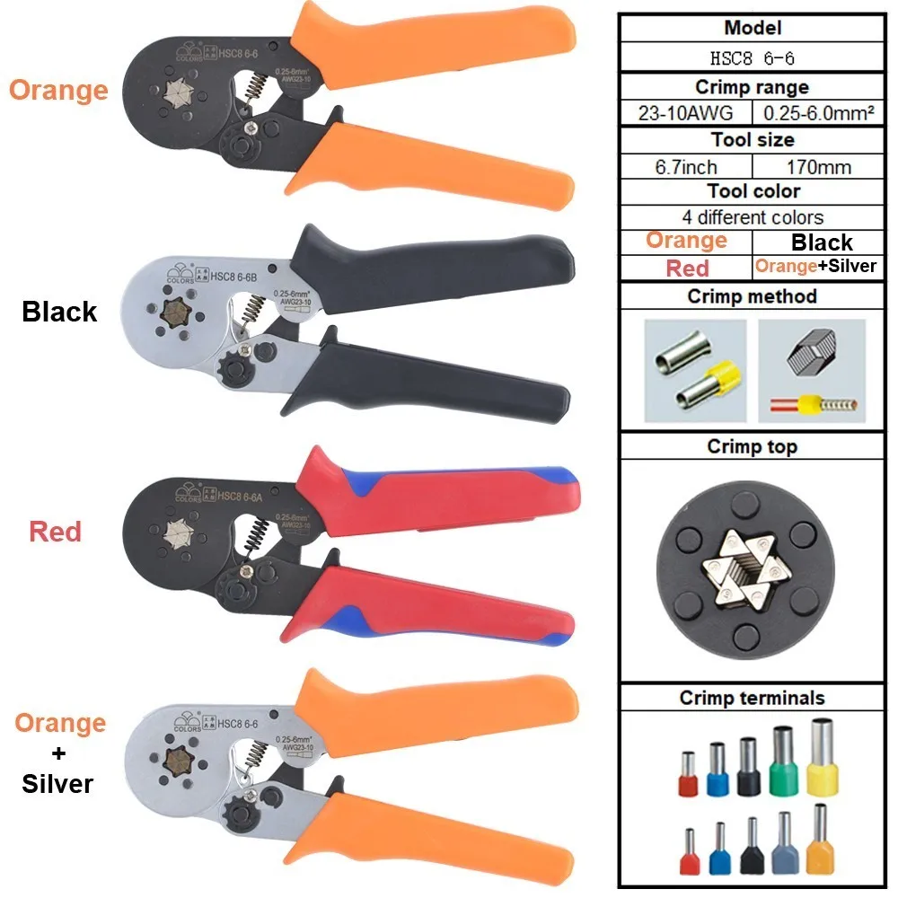 6-6 6-4 6-6 0.25-6mm 23-10AWG& 10S 0.25-10mm 23-7AWG Crimp Pliers Tube Bootlace Terminals Crimping Hand Tools Wire Connector HSC8 - Цвет: 6-6