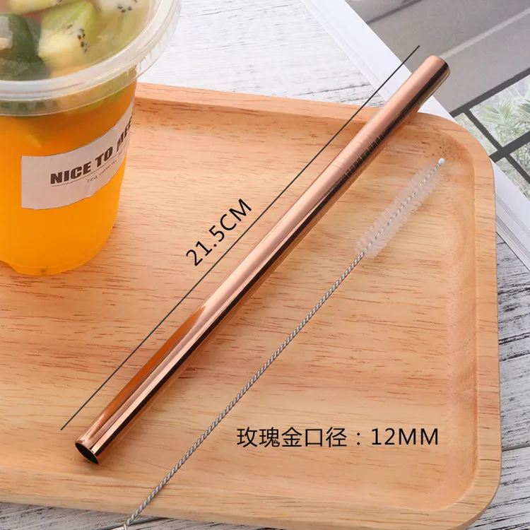 12mm Rose Gold 100pc 100 шт соломинки из нержавеющей стали, пузырьковый чай, диаметр 12 мм/10 мм, многоразовая соломинка для питья, молочный чай, радужная металлическая соломинка с кистью - Цвет: 12mm Rose Gold 100pc