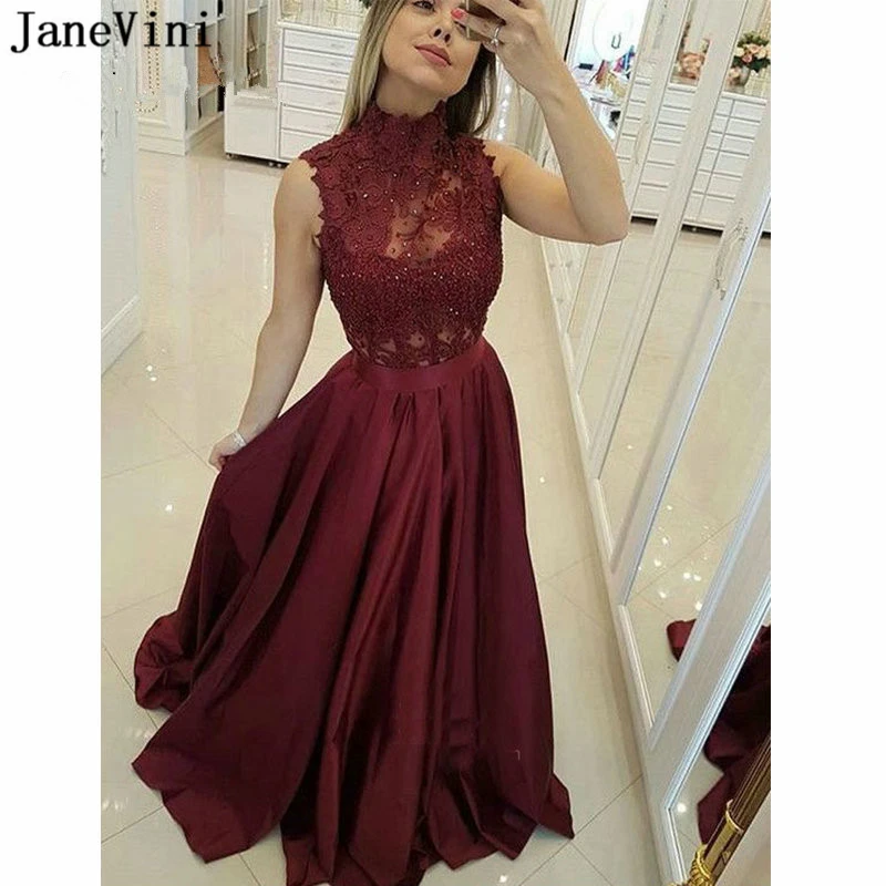 

JaneVini Elegant Burgundy Prom Dresses Long Plus Size 2019 High Neck Sleeveless Lace Beaded Satin A Line Formal Prom Dress Woman