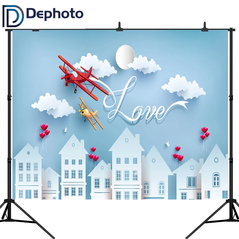 

DePhoto Love You фон для детской фотосъемки с изображением Красного винтажного самолета белого облака с днем рождения