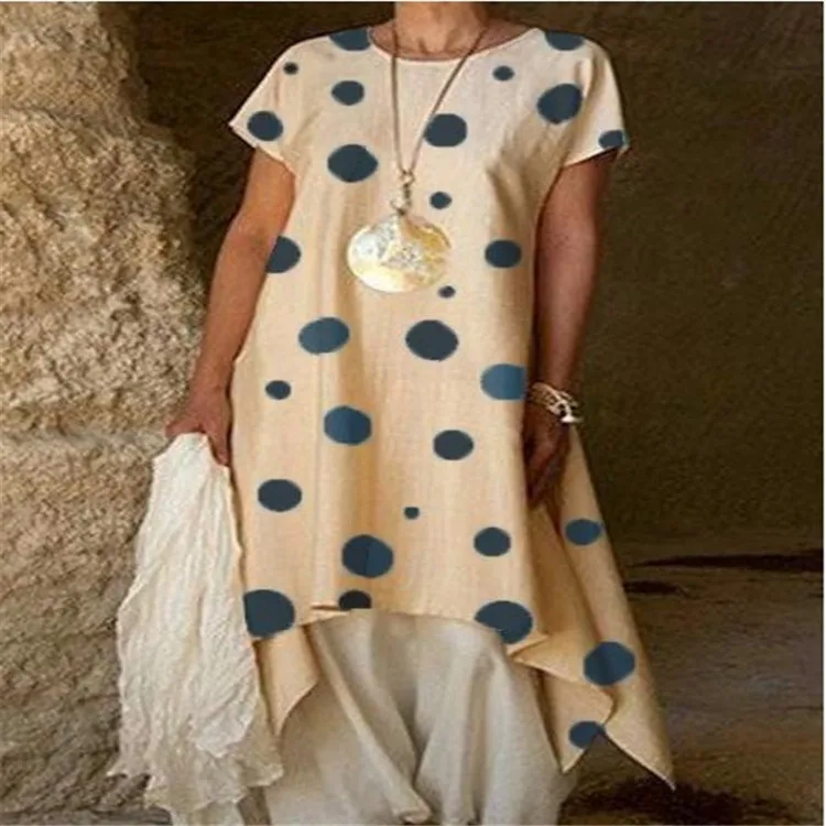 Fashion Office Lady Boho Maxi Woman Dress Polka Dot O Neck Vintage Beach Dresses Short Sleeve Party Vestido | Женская одежда