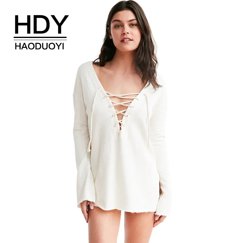HDY Haoduoyi однотонная сексуальная белая футболка на шнуровке женские топы с