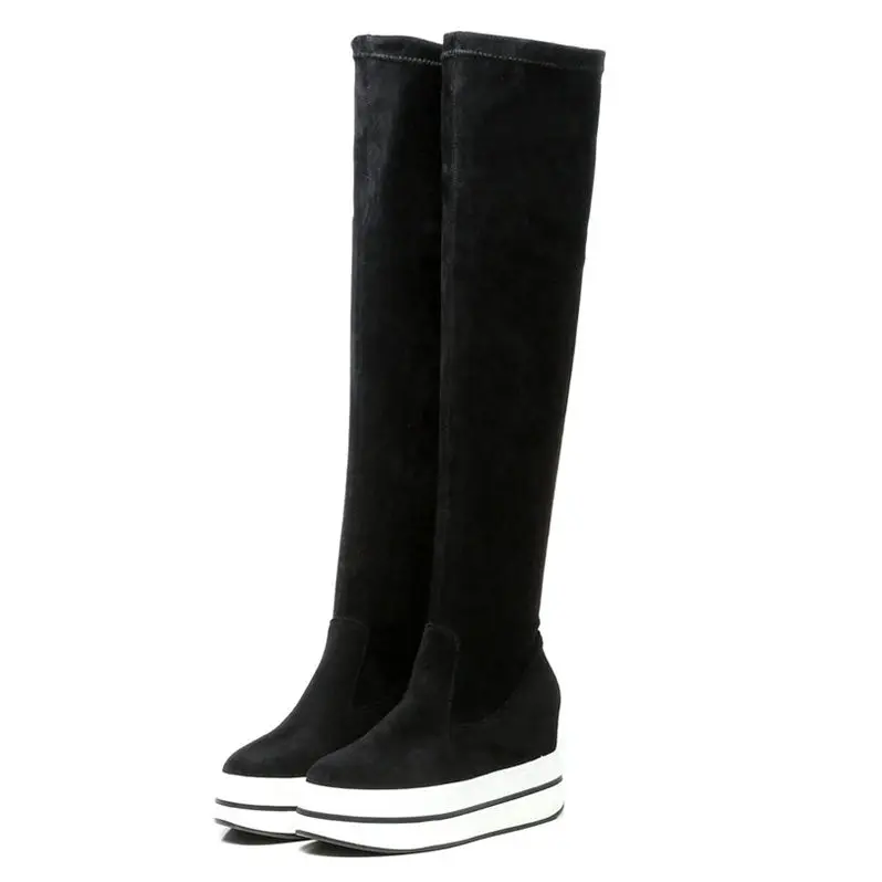 NAYIDUYUN/Женская обувь из телячьей кожи; Высокие Сапоги выше колена на высоком каблуке; панк-кроссовки на платформе; цвет черный, серый; криперы - Цвет: black warm