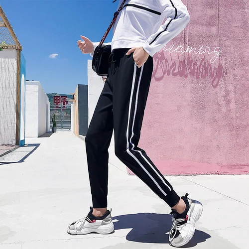 Женские осенние спортивные штаны в полоску с высокой талией Шаровары свободного