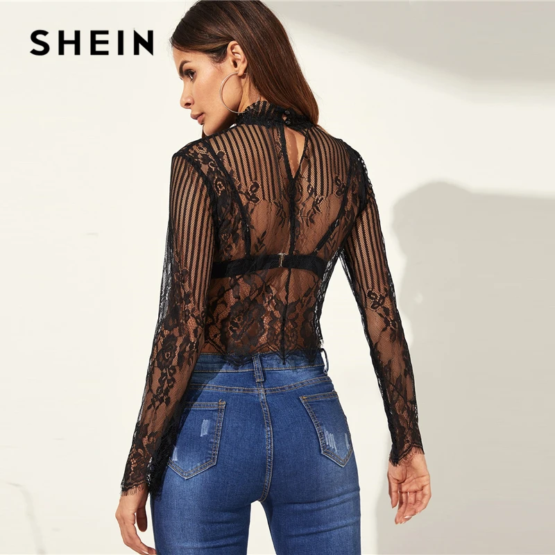 SHEIN Прозрачная Кружевная Блуза, Нарядная Прозрачная Блуза, Ажурный Топ С Длинным Рукавом