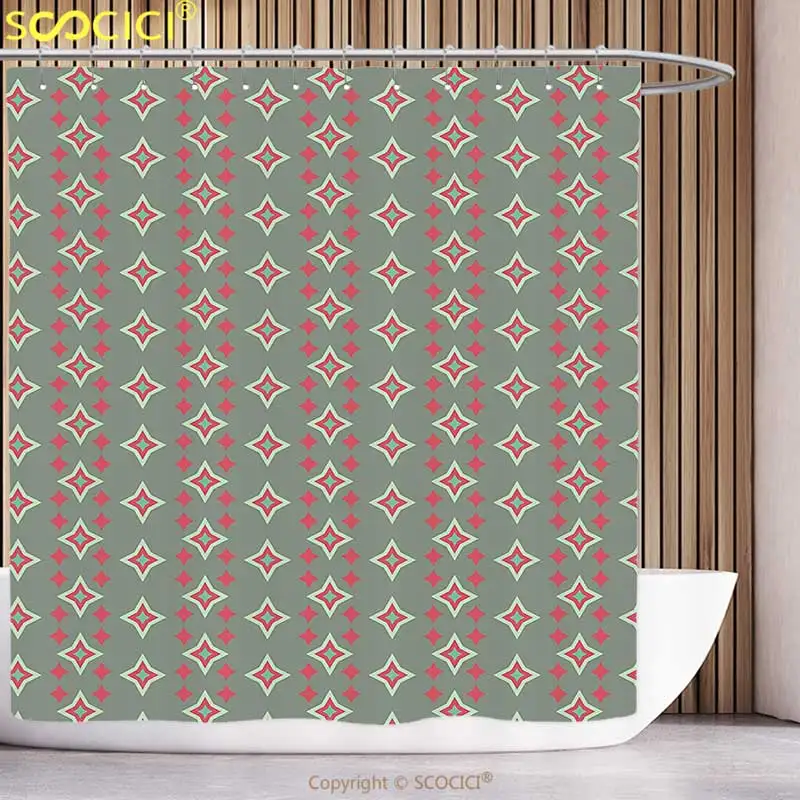 Funky Shower Curtain Retro Big and Small Nested Star Shapes Vertical Striped Vintage Art Pattern Sage Green Red Seafoam Bathroom