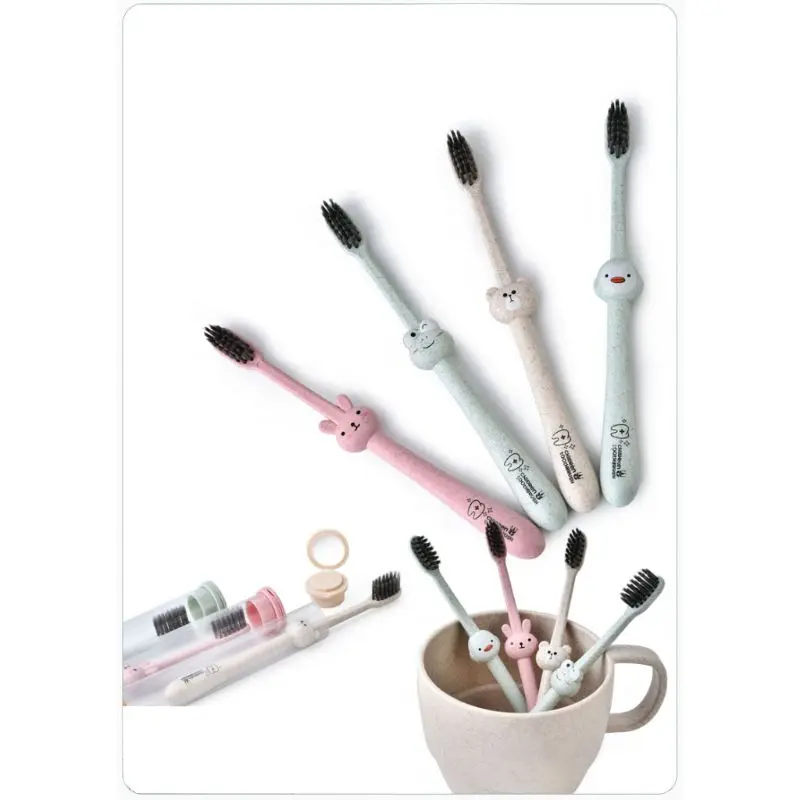 Cepillo de dientes para beb&eacute; con mango de dibujos animados, cuidado bucal, paja de trigo Natural, bamb&uacute;-1