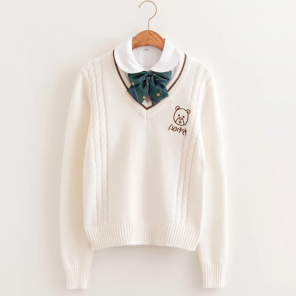 

Kawaii Cute Bear embroidery college style Japan soft sister JK V-neck Long sleeves knitted Couple sweater