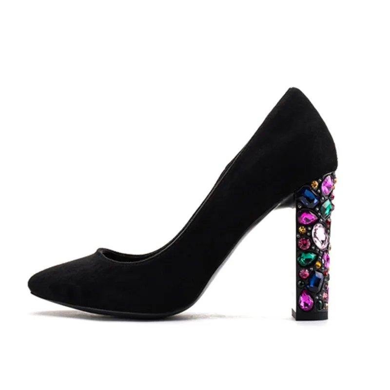 

New Shiny Sapato Feminino Chunky Heel Zapatos De Mujer Colorful Crystal High Heels Pointed Toe Wedding Shoes Women Dress Pumps