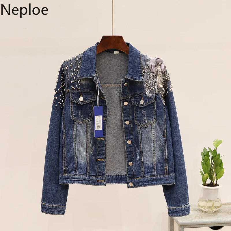 Neploe тяжелые бусины потертые джинсовые куртки пальто 3D Цветочная аппликация женские ковбойские Осенние новые модные короткие джинсовая куртка 53910