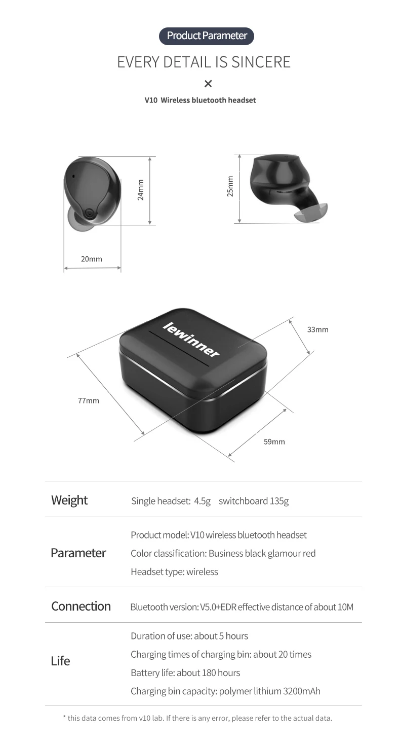 Lewinner V10 Беспроводной наушники-вкладыши TWS Bluetooth 5,0 наушники 3D стерео Hi-Fi спортивные наушники-капельки дляимузыка гарнитура Bluetooth с зарядным устройством