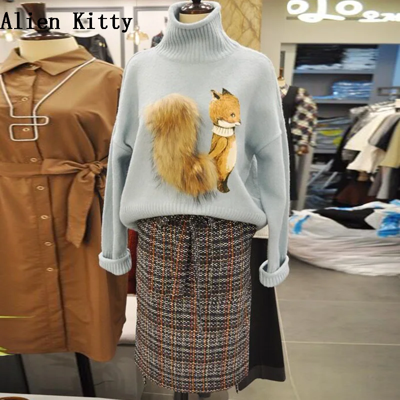 Alien Kitty2018 Autumn Winter New Warm Sweater Women Full Sleeve Knitted Pullovers Loose Turtleneck Cute Fox Female Tops | Женская