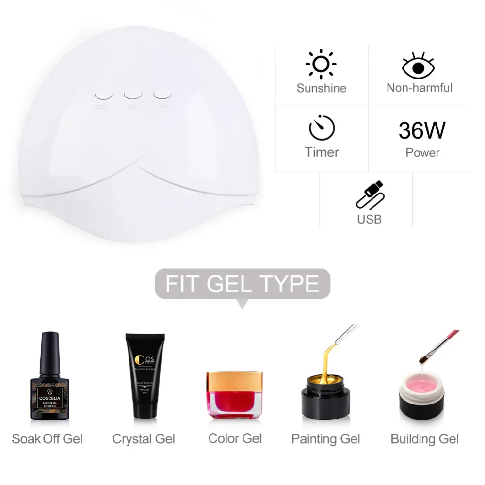 36W UV Led Lamp Nail Dryer For All Types Gel 12 Leds for Machine Curing 60s90/s/120s Timer USB Connector | Красота и здоровье