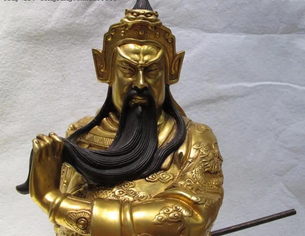 Китай Фиолетовый Бронзовый 24K золотой Guan Gong Yu воин держать дракона меч статуя |