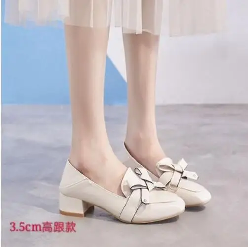 3.5CM Heel White Кожаные туфли на плоской подошве размера плюс 9, 10, 10,5, женские туфли на толстой мягкой подошве с бантиком, эспадрильи с квадратным носком, женские брендовые лоферы с бантиком, бабушкины туфли - Цвет: 3.5CM Heel White