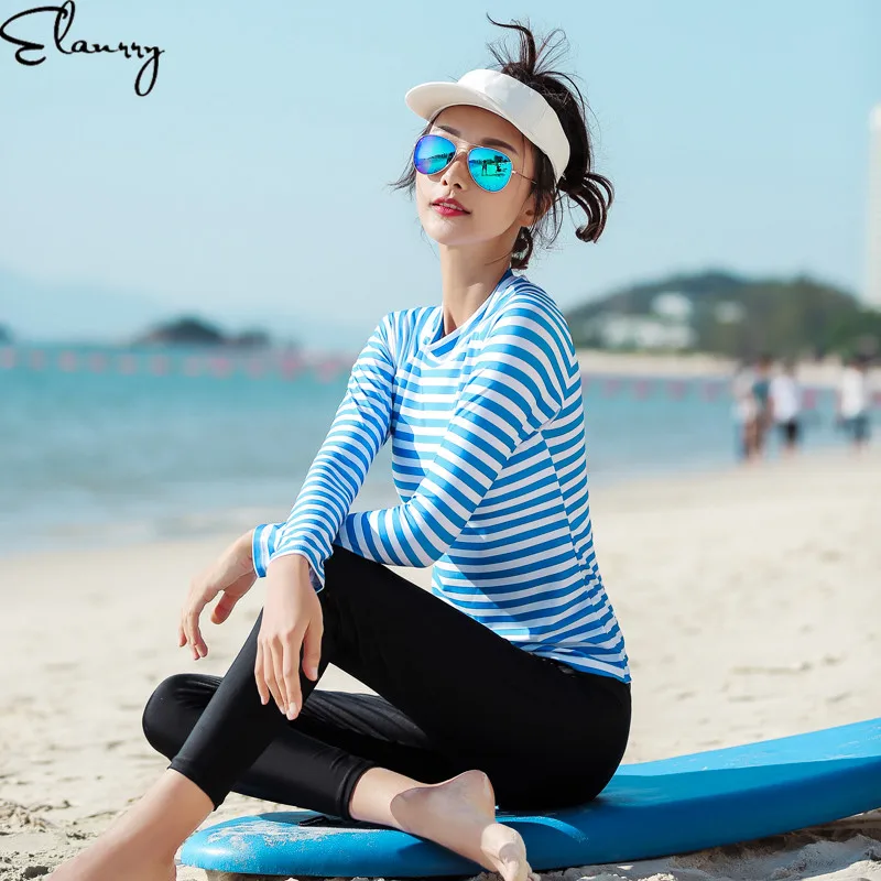 2019 Женская одежда для плавания с длинными рукавами купальный костюм в полоску