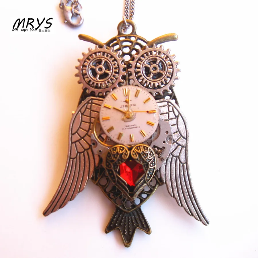 Стимпанк готический панк красные бусины со стразами часы в виде совы подвеска