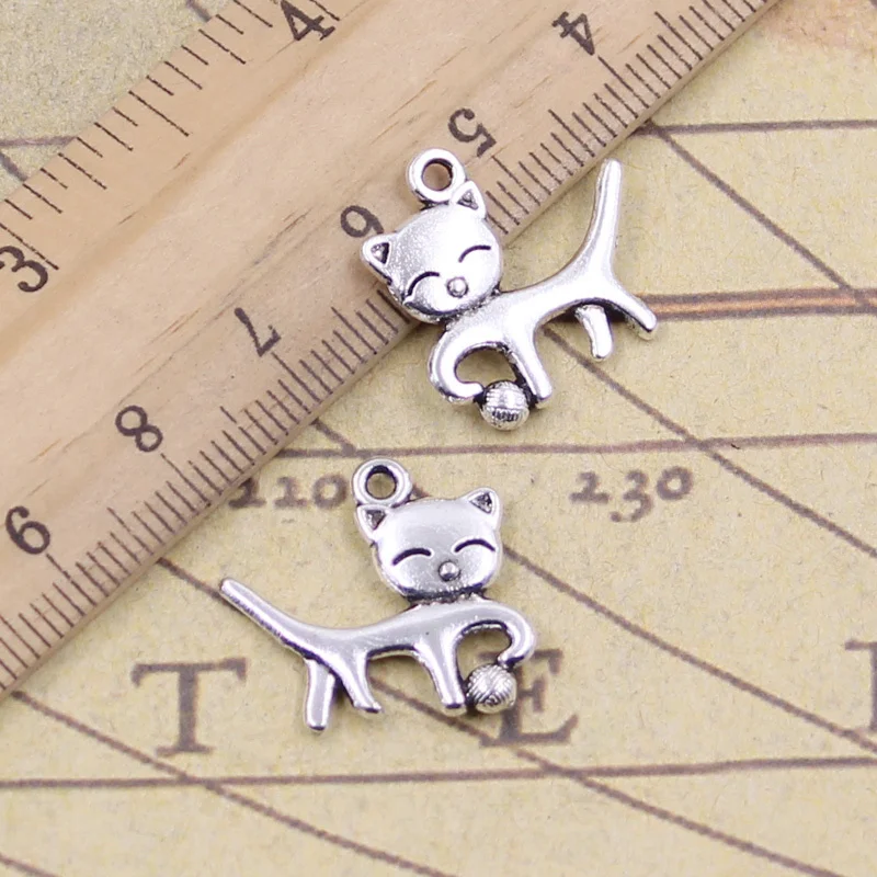

25pcs Charms Cat Playing Ball 19x18mm Tibetan Bronze Silver Color Pendants Crafts Making Findings Handmade Antique DIY Jewelry