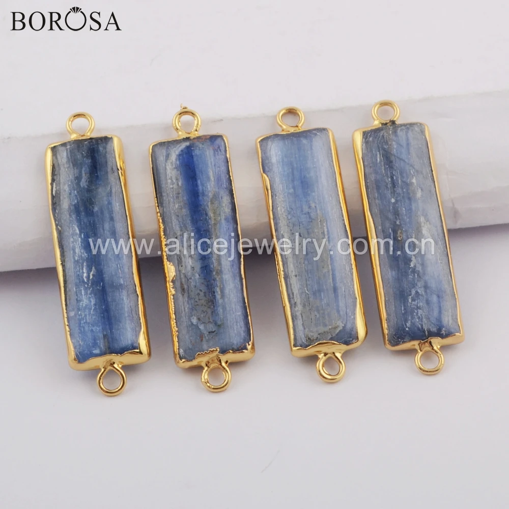 

BOROSA 5/10PCS Rectangle Shape Gild Natural Kyanite Connectors Natural Blue Stones Double Charms for Bracelet Jewelry G1744