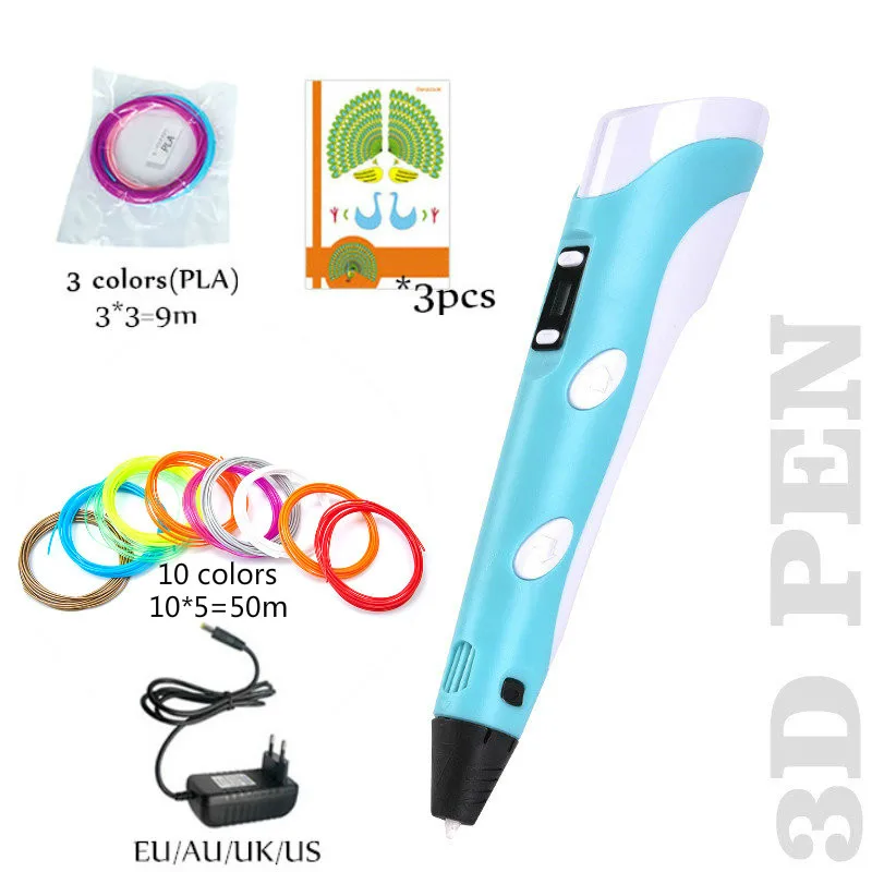 blue9-10-3 3D печать Ручка PLA Смарт 3d ручки для рисования с нитью светодиодный дисплей для детей подарки на день рождения - Цвет: blue9-10-3
