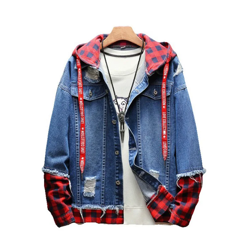 

2020 Spring Autumn Fashion Jacket For Men Plaid Stripe Spliced Ripped Denim Jacket Men Youth Streetwear Hip Hop Jacket Hooded