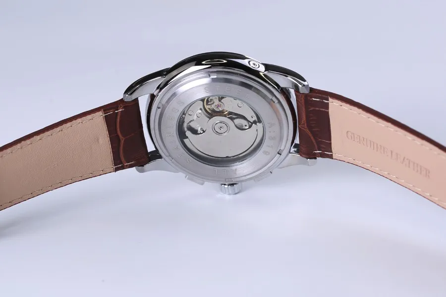 Мужские механические часы Forsining Moon Phase, серебристый чехол, коричневый ремешок из натуральной кожи, мужские часы от ведущего бренда, Роскошные автоматические часы