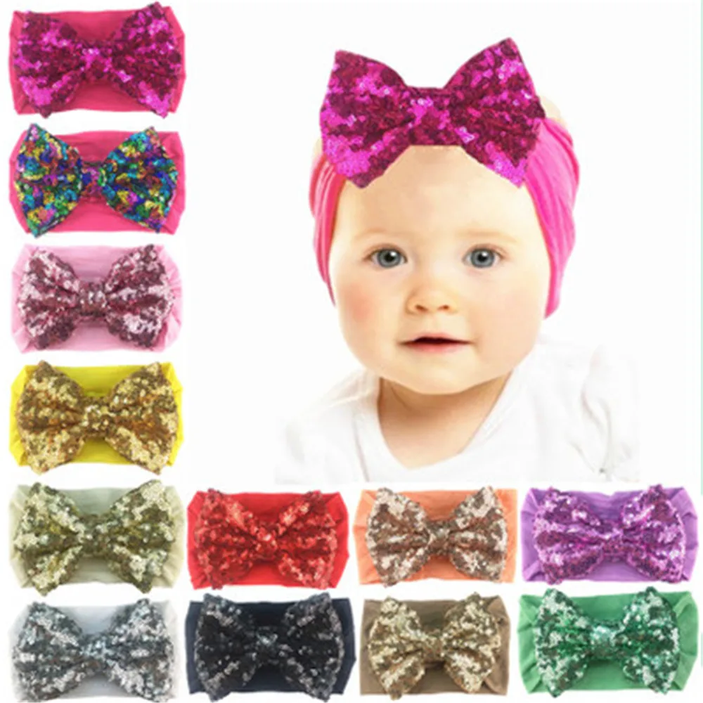 

5pcs/lot Boutique Headband 8.5cm Wide Nylon Elastic Headband with Large Messy Sequin Bow Kids Classic Party Headwear 16 colors