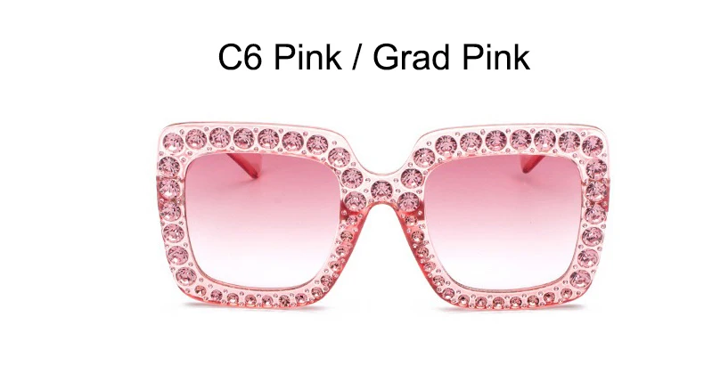 C6 Pink Grad Pink Брендовые розовые солнцезащитные очки для женщин с кристаллами и камнями, высокое качество, женские дизайнерские квадратные большие Светоотражающие рамки, черный чехол - Цвет линз: C6 Pink Grad Pink