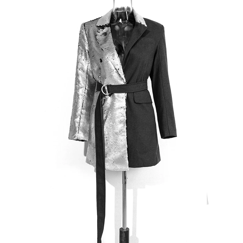 Женский блейзер с длинным рукавом серебристые черные блестками|Женские пиджаки|