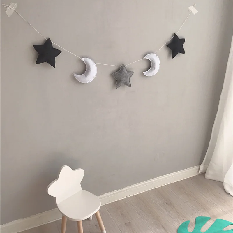 Black gray white 1,5 м тканевая фетровая гирлянда с изображением звезд и Луны для украшения детской комнаты на день рождения, вечерние гирлянды - Цвет: Black gray white