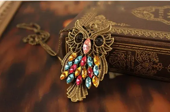 Лидер продаж бесплатная доставка сова бронза красочные кристаллы сплав ожерелье