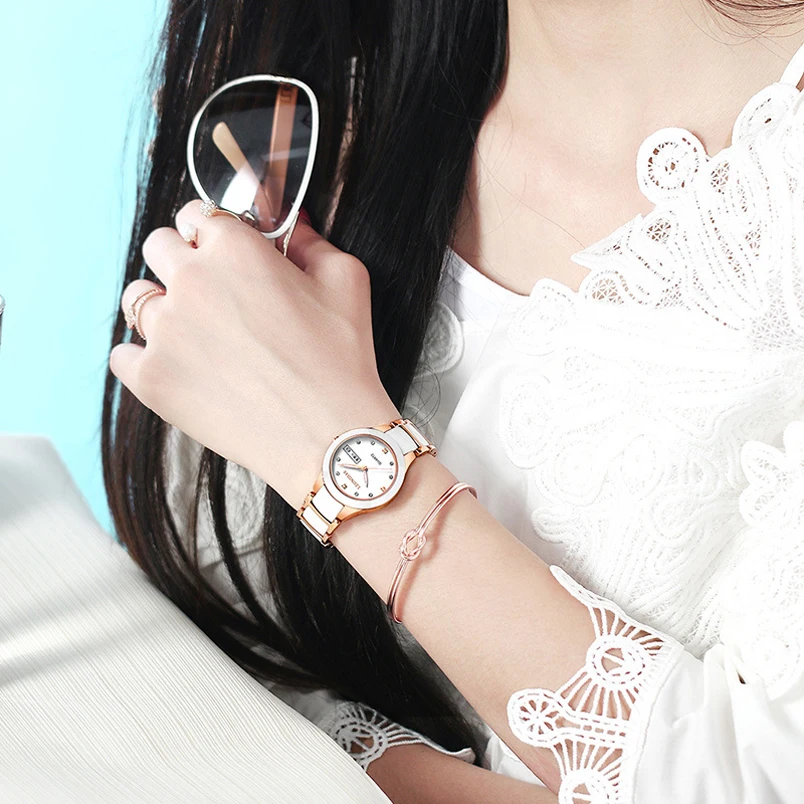 Дамы Bling Часы Керамические часы для женщин розовое золото смотреть Top Элитный