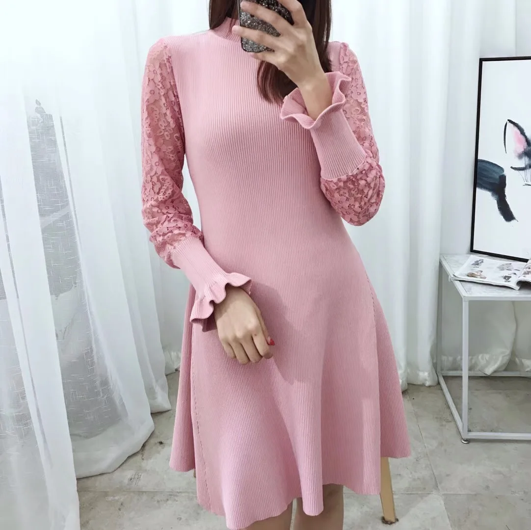 Новые пикантные Тонкий кружева шить женские платье ретро рукав длинный вязаный