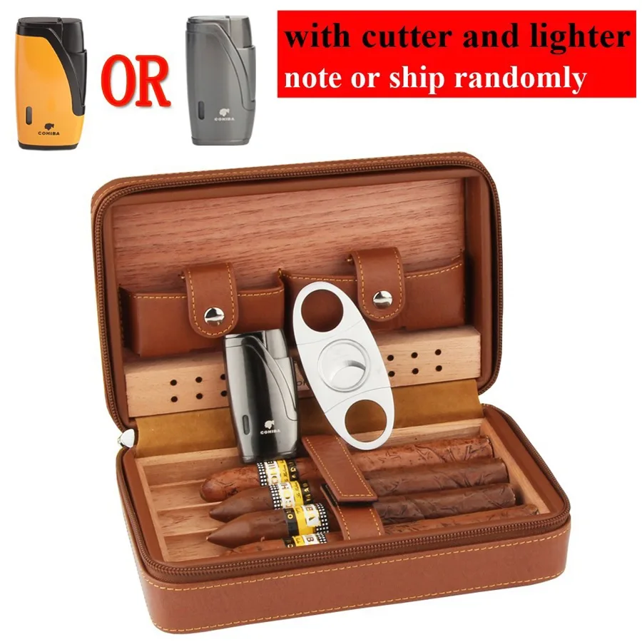 COHIBA Humidor коробка для сигар Дорожный Чехол для сигар из кожи кедра коробка для сигар с увлажнителем набор аксессуаров - Цвет: With Cutter Lighter