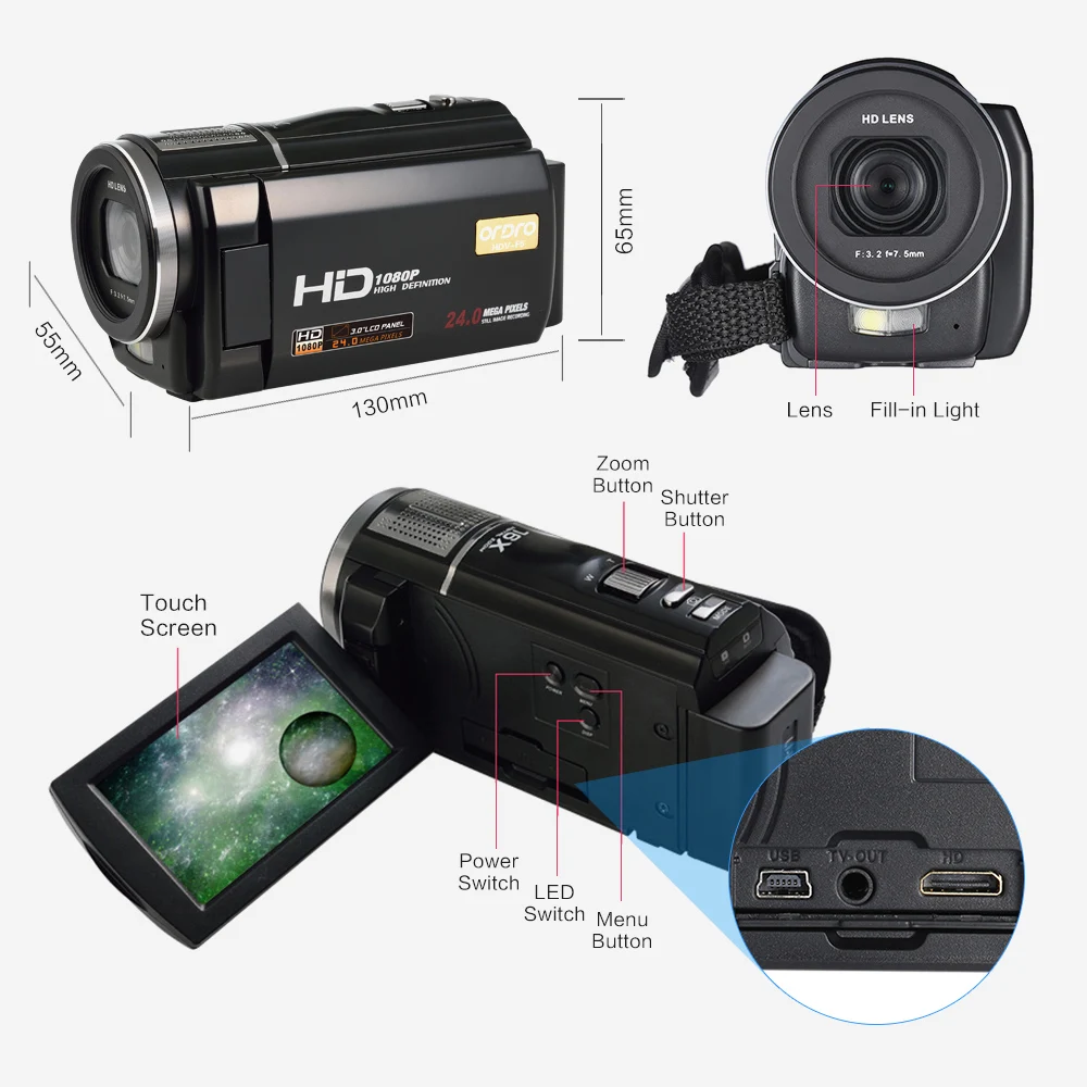 [Авторизованный Дистрибьютор] Ordro F5 FHD 1080P 3-дюймовый сенсорный экран 24MP 16X Zoom DV
