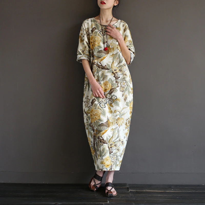 Женское винтажное платье из хлопка и льна длинное большого размера с принтом