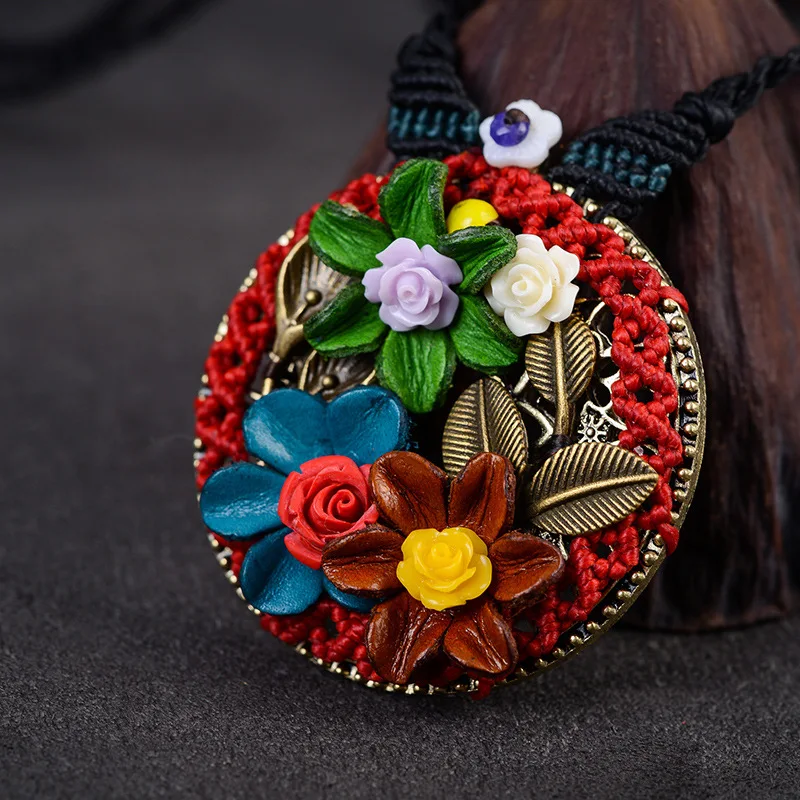 Antique Round Bronze Medal Flower Pattern Pendant Necklace Handmade Braided Rope Long China Ethnic Women Gift Jewelry | Украшения и