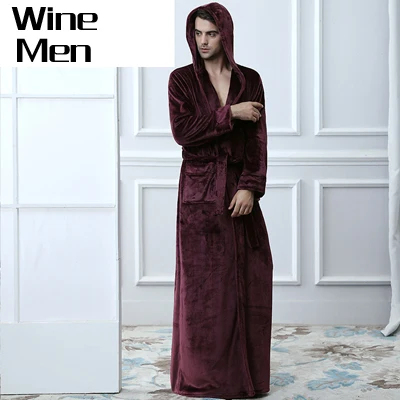 Men Wine Удлиненный теплый Халат с капюшоном для влюбленных женщин и мужчин размера плюс, зимний утепленный банный халат, халат для подружки невесты - Цвет: Men Wine