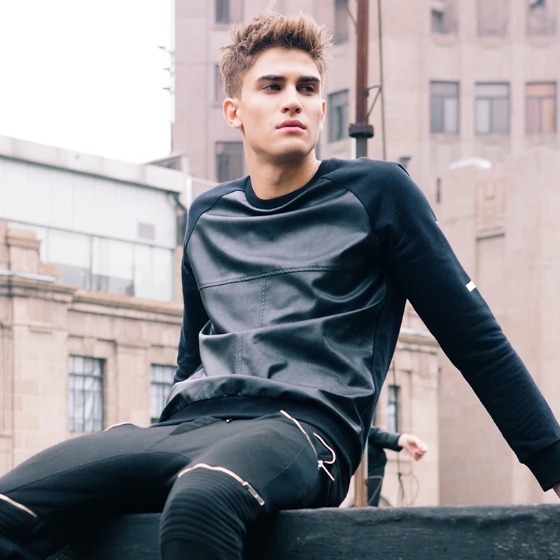 VIISHOW толстовки для мужчин свитер пуловер худи с кожаными вставками хип хоп