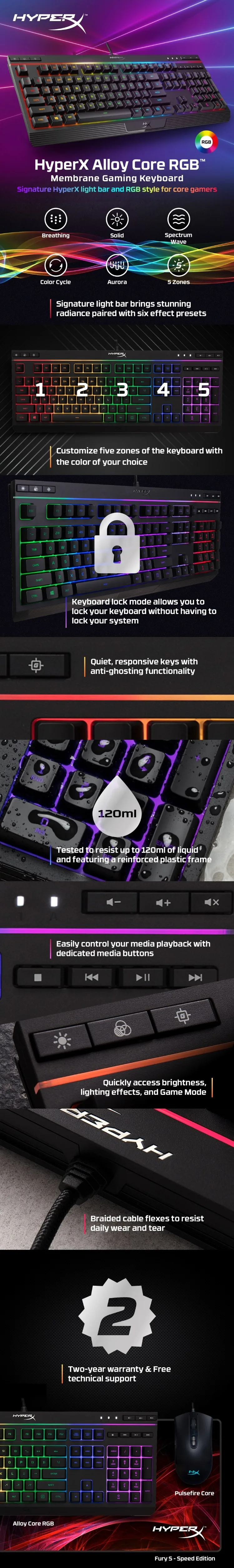 KINGSTON HyperX Alloy Core RGB E-sports игровая клавиатура металлическая панель механическая клавиатура динамические эффекты водостойкая клавиатура
