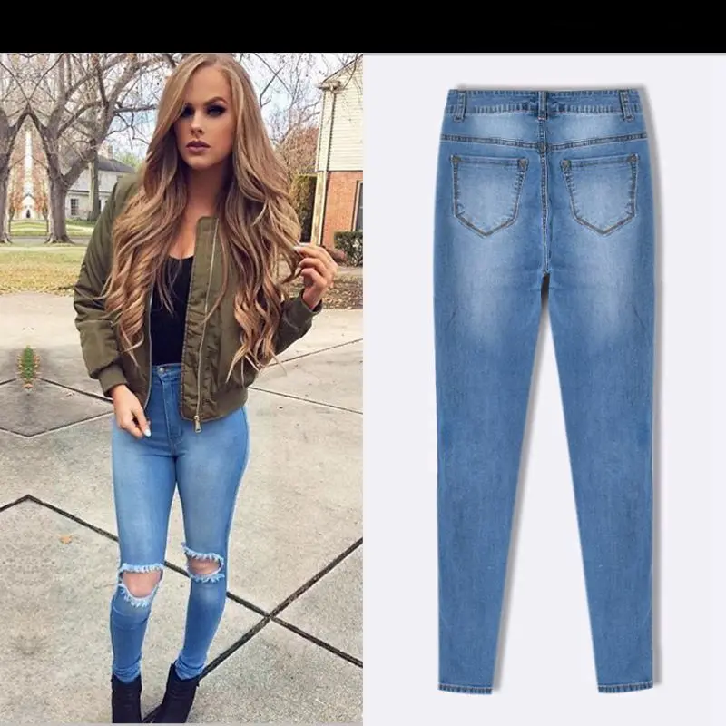 PADAUNGY отверстие Джеггинсы Высокая Талия Джинсы для женщин рваные Pantalon Taille Haute Femme