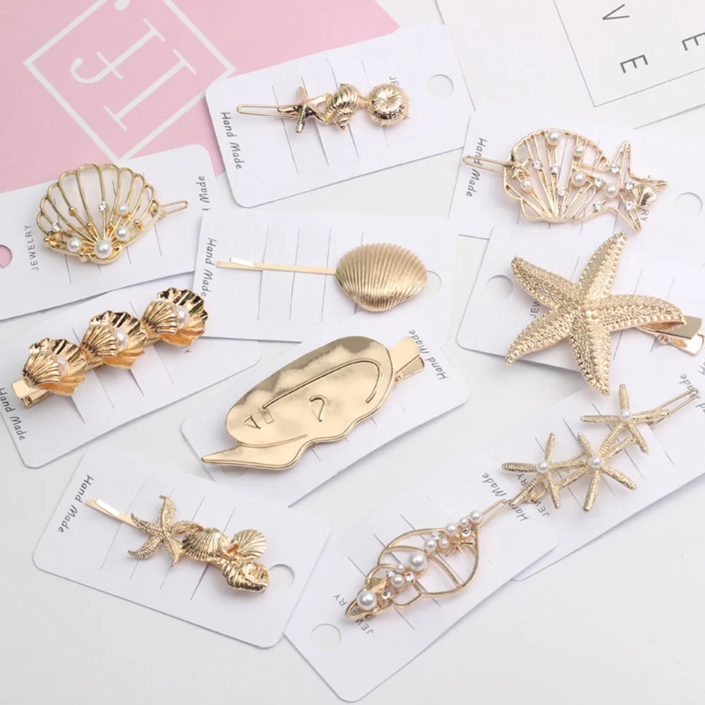 INS новые жемчужные летние заколки для Волос Starfish, золотистая шпилька в виде ракушки, заколка для волос для женщин, свадебные аксессуары для волос для девочек