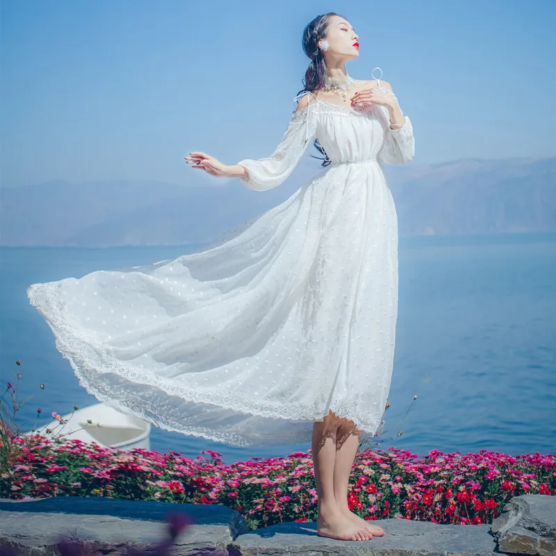 Женское длинное кружевное платье YOSIMI Белое Шифоновое Платье макси с открытыми