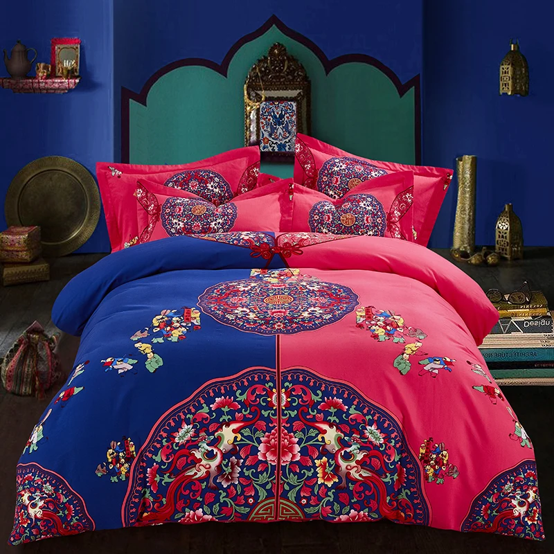 

Hongbo 4 Pcs/Set Luxury Bedding Set Red Pink Wedding Bed 100% Cotton Bed Spread Duvet Cover Set